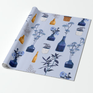 Monotone of modern flowers and vase ,pot  with bot wrapping paper