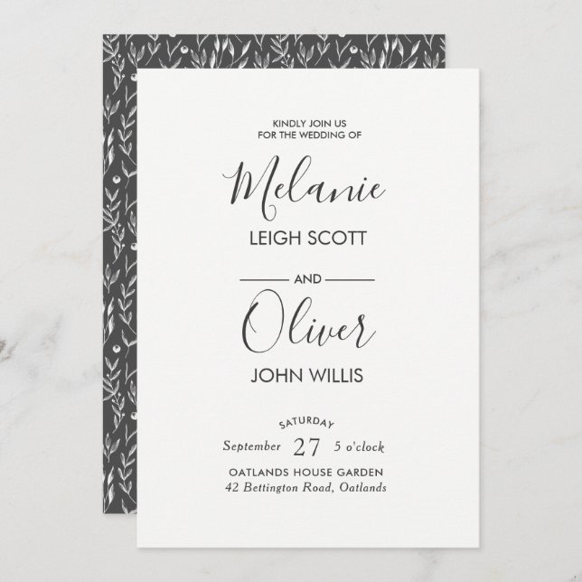 Monotone vintage leaves Wedding invitation (Front/Back)
