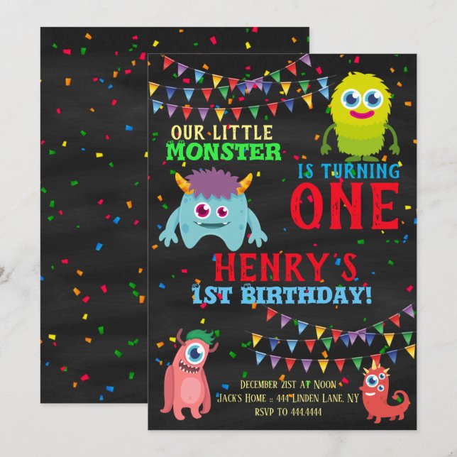Monster 1st Birthday Party Invitation (Front/Back)