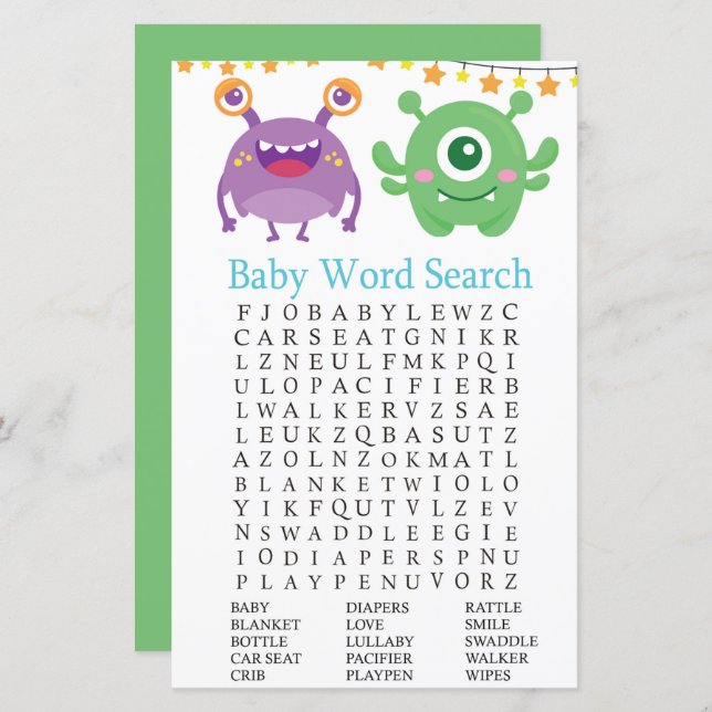 Monster Baby Shower Word Search Game (Front/Back)
