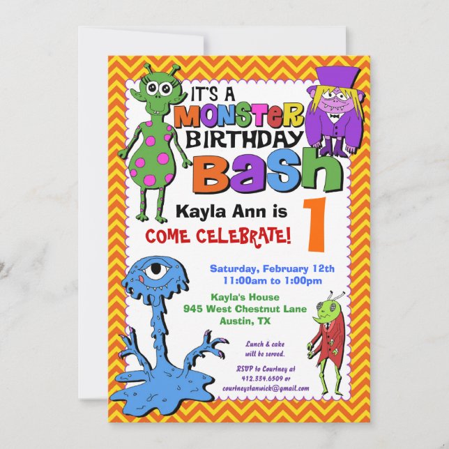 Monster Bash Birthday Party Invitation - Red (Front)