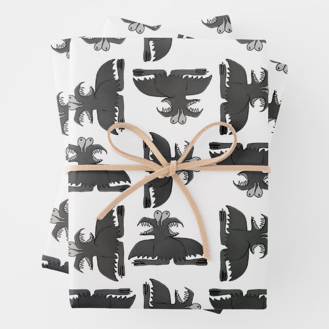 Monster bird pencil drawing motif pattern wrapping paper sheet (In situ)