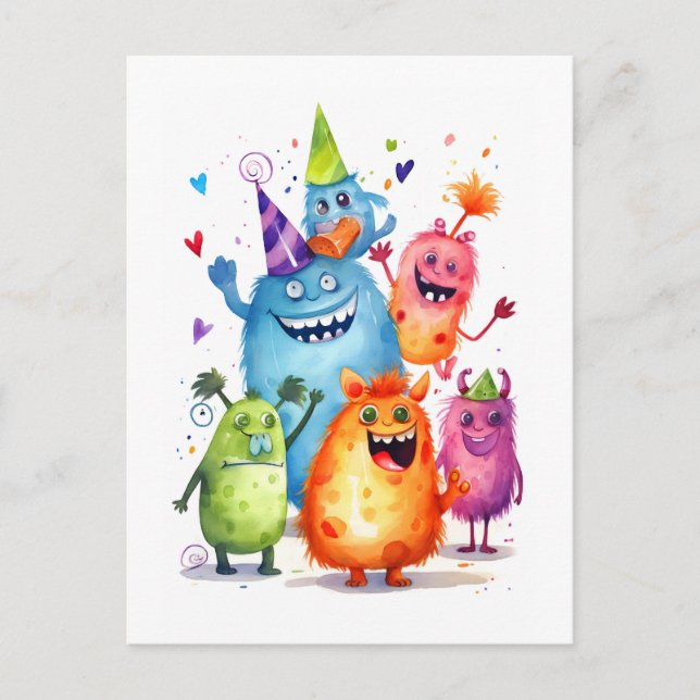 Monster birthday greetings. Monsters partying.  Postcard (Front)