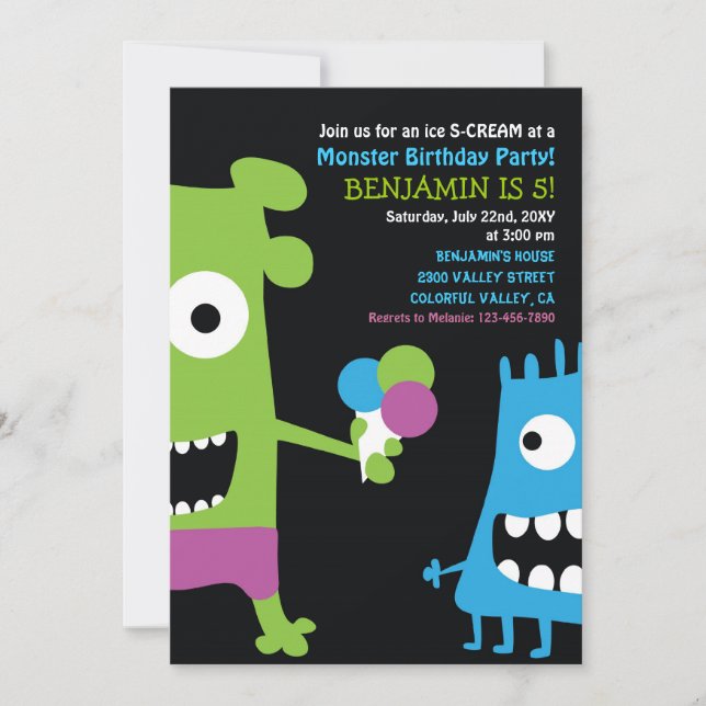 Monster Birthday Ice Cream Kids Party Invitation (Front)