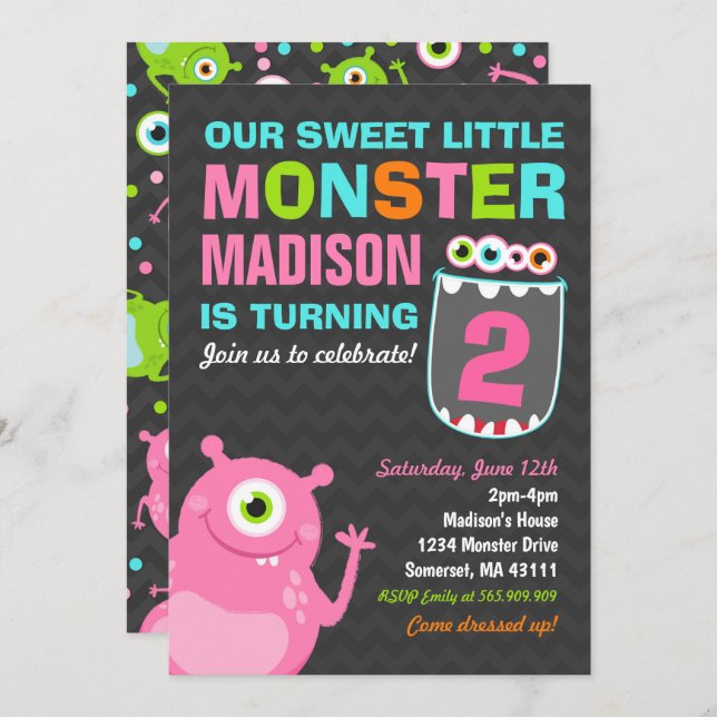 Monster Birthday Invitation Pink Monster Party (Front/Back)