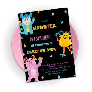 Monster Birthday Invitations pink purple Black