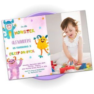 Monster Birthday Invitations pink purple w Photo