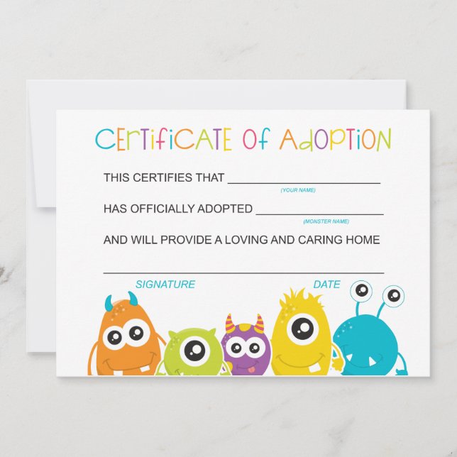 Monster Birthday Party Adopt a Monster Adoption Thank You Card (Front)