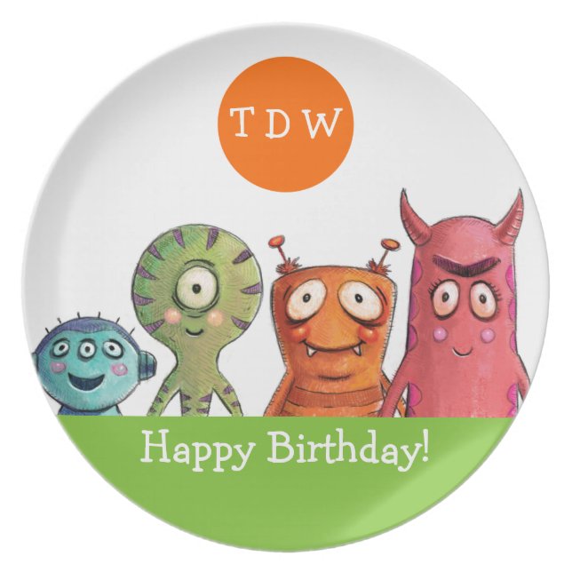 Monster Birthday Party Monogrammed Plate (Front)