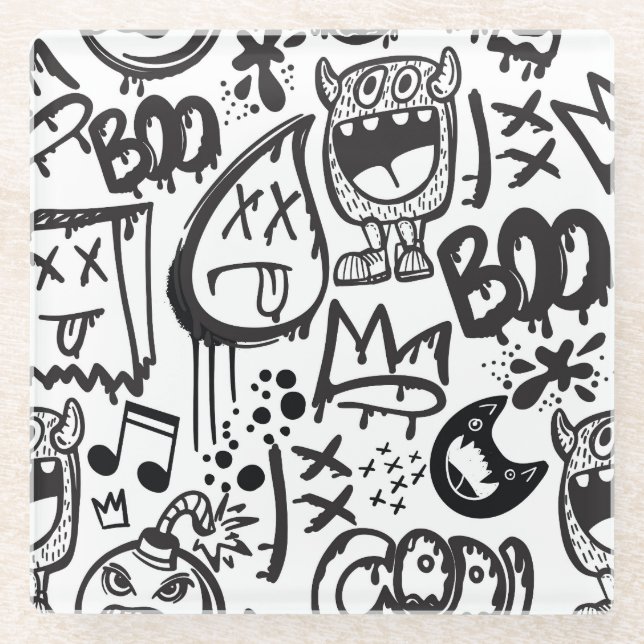 Monster Boys: Hand Drawn Pattern Glass Coaster (Front)