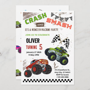 Monster Car Truck Kids Birthday Invitation Card