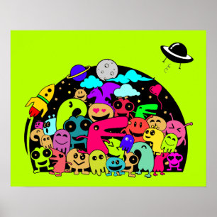 Monster Creatures In Space Doodle Design Poster