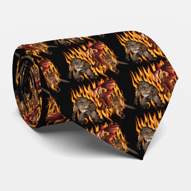 Monster Demon Gremlin Flames Halloween Neck Tie (Rolled)