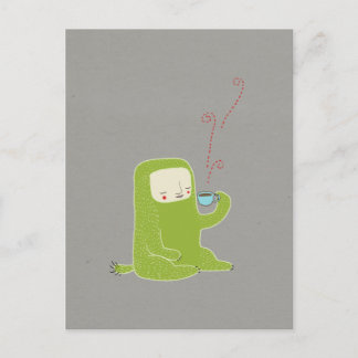 monster drinking coffee postcard