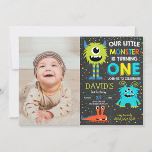Monster First Birthday Boy Little Monster Photo Invitation