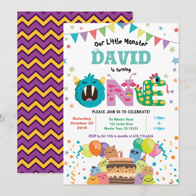 Monster first birthday party. Baby boy 1st bday Invitation (Front/Back)
