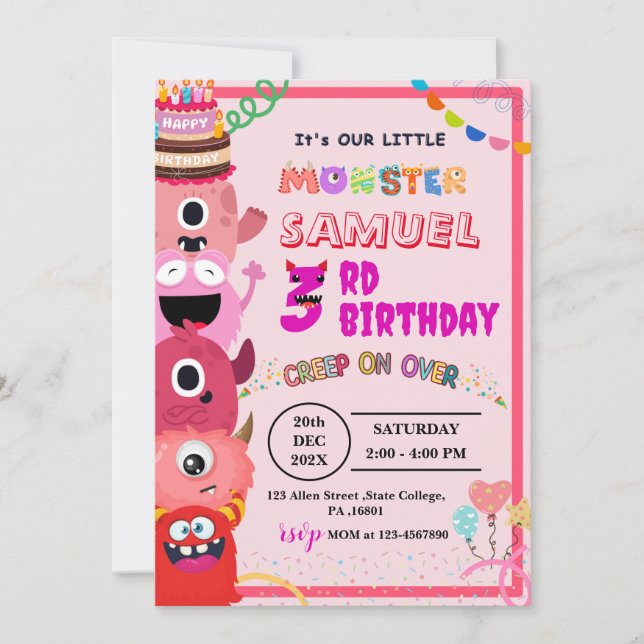 MONSTER FOR GIRL'S  BIRTHDAY PARTY  INVITATION (Front)