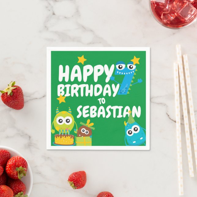 Monster Fun Seven Year Old Birthday Personalised Napkin (Insitu)