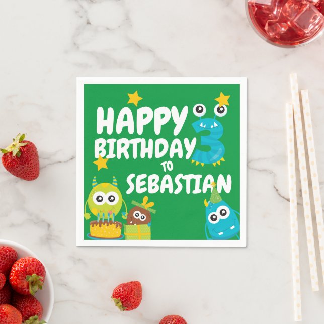 Monster Fun Three Year Old Birthday Personalised Napkin (Insitu)