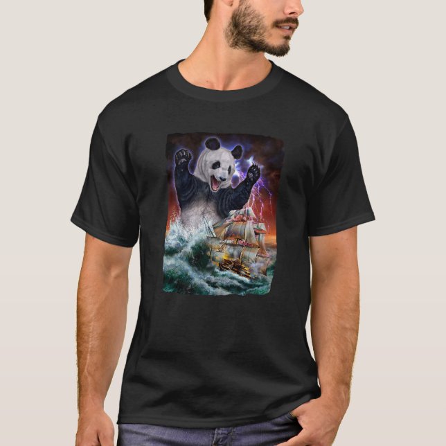 Monster Giant Panda As Kraken Attack A War Ship At T-Shirt (Front)