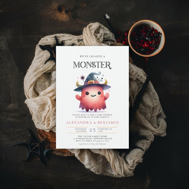 Monster Halloween Fall October Coed Girl Shower Invitation (fall halloween baby shower invitation cute monster watercolor character coed couple october)