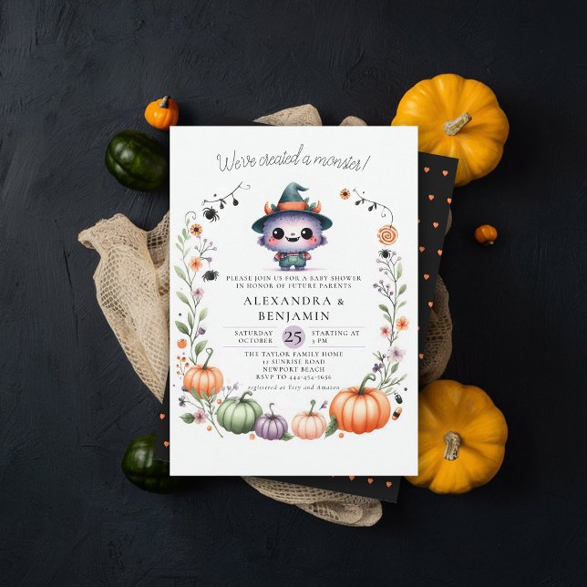 Monster Halloween Fall Wreath Coed Girl Shower Invitation (halloween baby shower invitation cute monster watercolor character coed couple october fall floral)