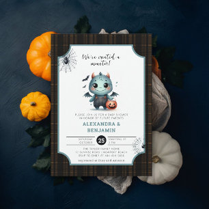 Monster Halloween Tartan Cute Coed Boy Baby Shower Invitation