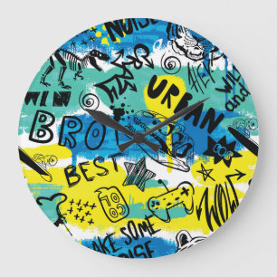 Monster Hand Drawn Kids Pattern Large Clock