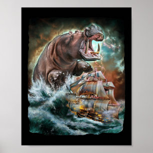 Monster Hippo As Kraken Attack A War Ship At High  Poster