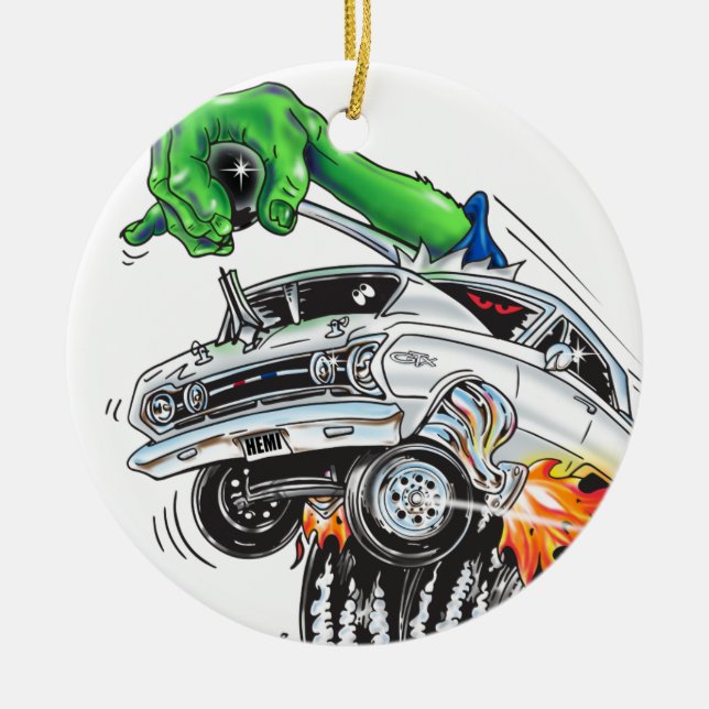 Monster Hot Rod Racer (white) Ceramic Ornament (Front)