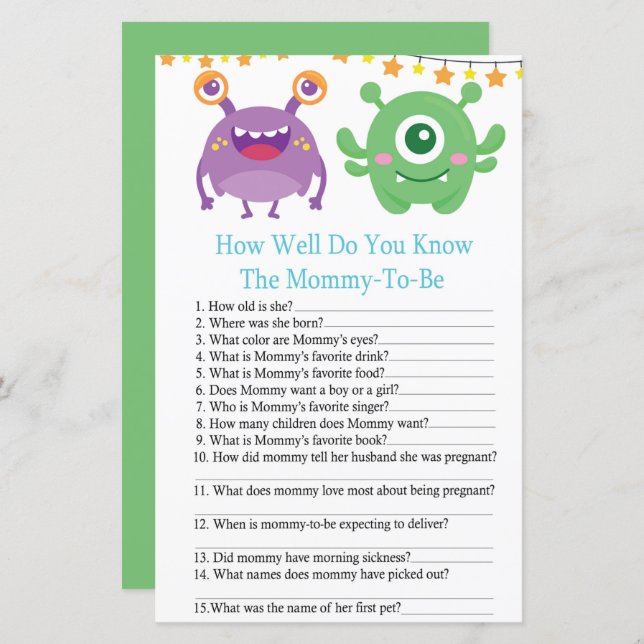 Monster HOW WELL DO YOU KNOW baby shower game (Front/Back)
