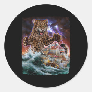 Monster Jaguar Cat As Kraken Attack A War Ship At Classic Round Sticker