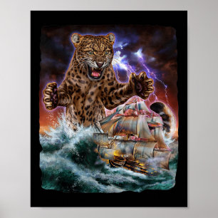 Monster Jaguar Cat As Kraken Attack A War Ship At Poster