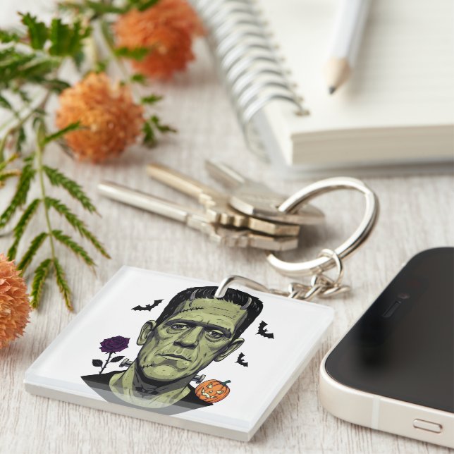 Monster Laughs Funny Spooky Frankenstein Energy Key Ring (Front Right)