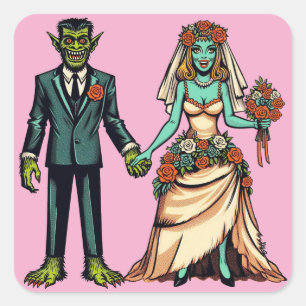 Monster Man & Monster Woman Bride And Groom Art Square Sticker