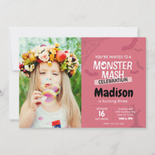 Monster Mash Birthday Invite with photo (pink)
