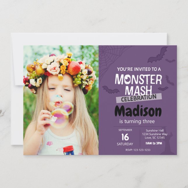 Monster Mash Birthday Invite with photo (purple) (Front)