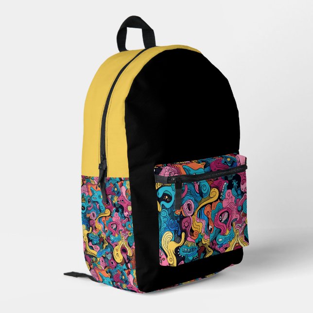 Monster Mash Black and Gold Printed Backpack (Back Corner Left)