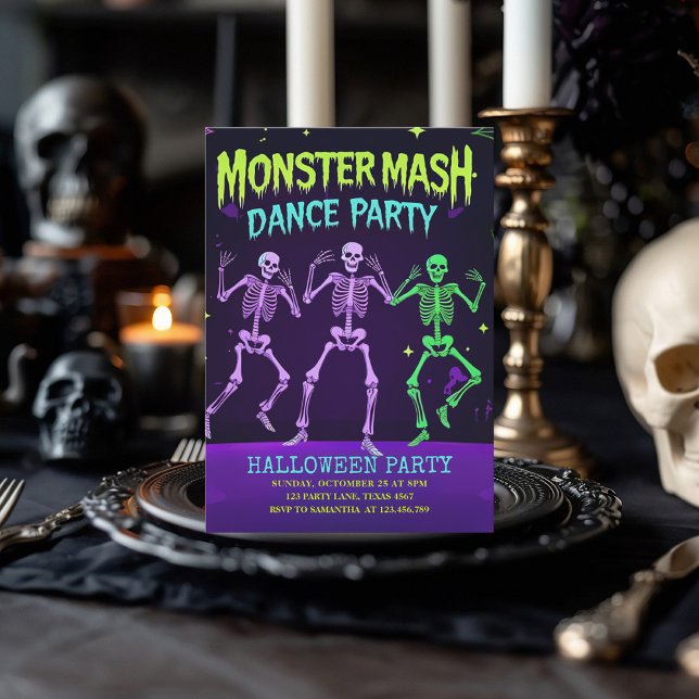 Monster Mash Dance Party | Neon Skeleton Holiday Card (Creator Uploaded)