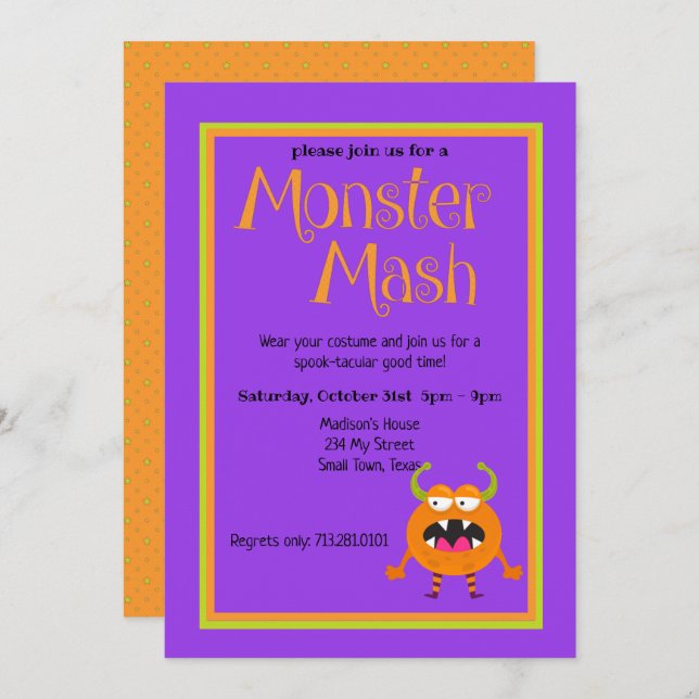 Monster Mash Orange Kids Cute Colourful Halloween Invitation (Front/Back)