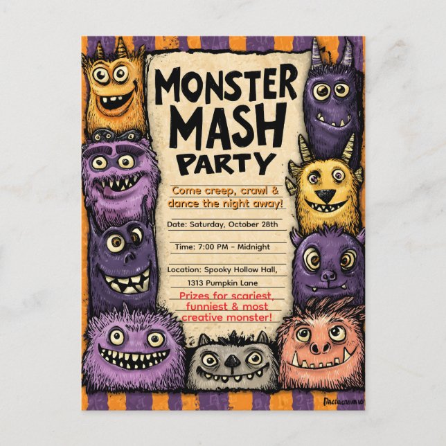 "Monster Mash Party" with Cute Monsters Invitation Postcard (Front)