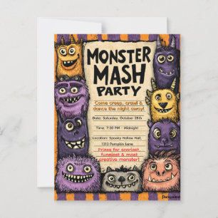 "Monster Mash Party" with Cute Monsters Postcard