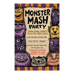 "Monster Mash Party" with Cute Monsters Poster