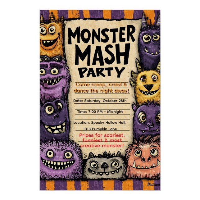 "Monster Mash Party" with Cute Monsters Poster (Front)