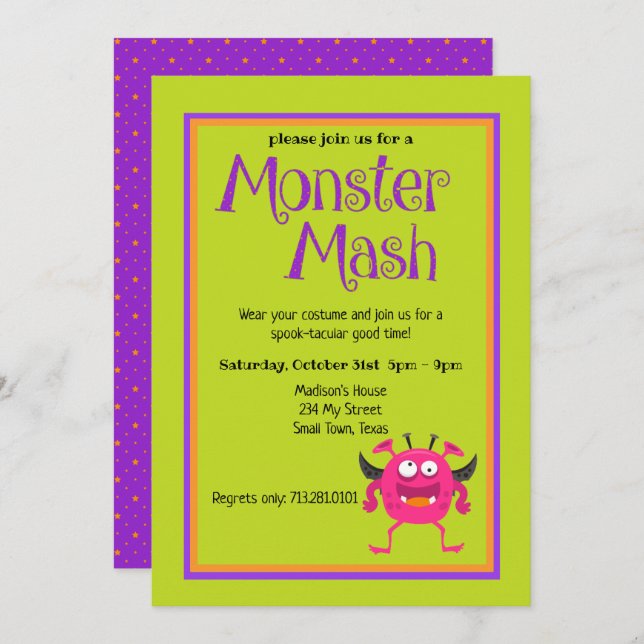 Monster Mash Pink Kids Cute Colourful Halloween Invitation (Front/Back)