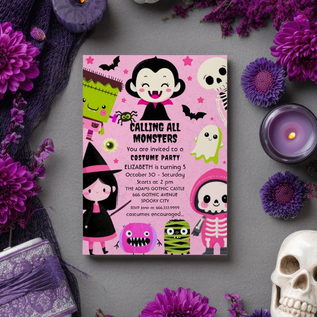 Monster Mash Pink Kids Halloween Birthday Party Invitation (Creator Uploaded)