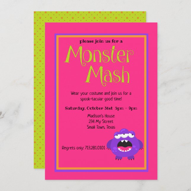 Monster Mash Purple Kids Cute Colourful Halloween Invitation (Front/Back)