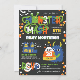 Monster Mash Typography Boy Halloween Birthday Invitation