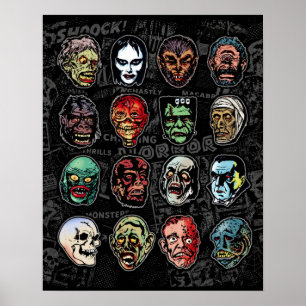 Monster Masks Colour Poster – Retro Halloween
