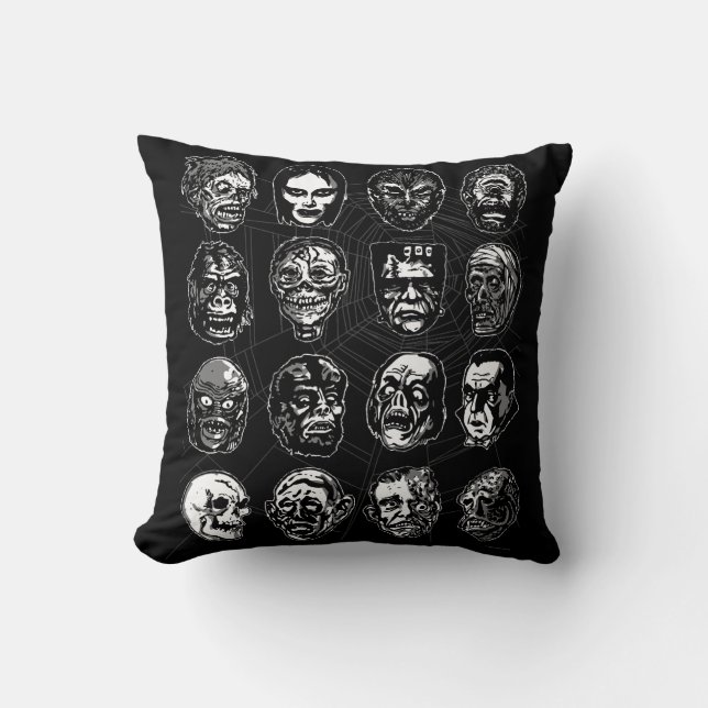Monster Masks Throw Pillow – Retro Horror Portrait (Front)